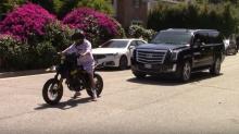 Justin Bieber rides new motorcycle in Beverly Hills, California 